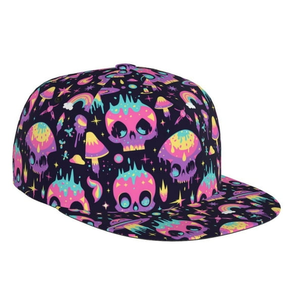 Flat Bill Trucker Hats for Women Men - cartoon Skull rainbow space Adjustable Flat Baseball Cap Snapback Hats Dad Hats for Men