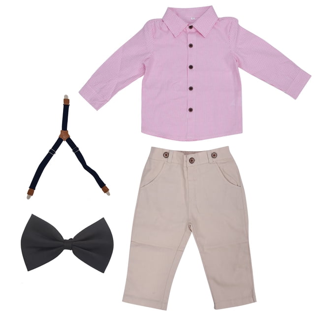 Conjunto de traje de caballero para bebé, camisa a rayas exquisita, pantalones con tirantes, conjunto de traje con pajarita, color rosa, 80cm