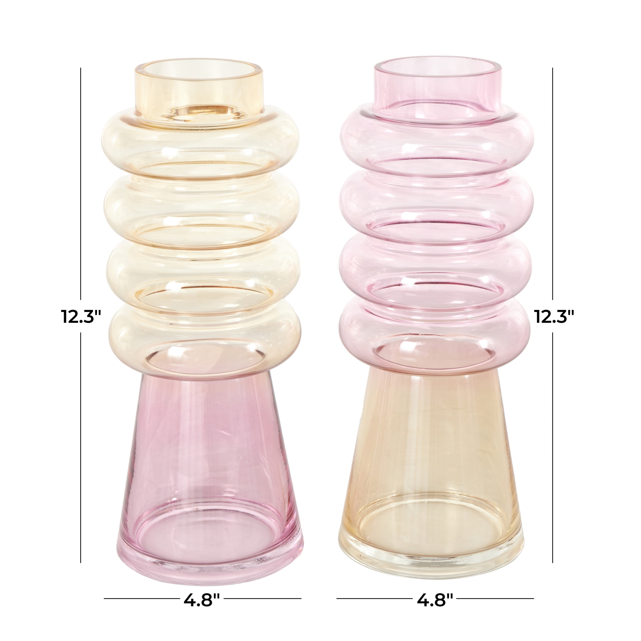 DecMode 5"W, 12"H Tinted Multi Colored Glass Vase with Color Blocks, Set of 2