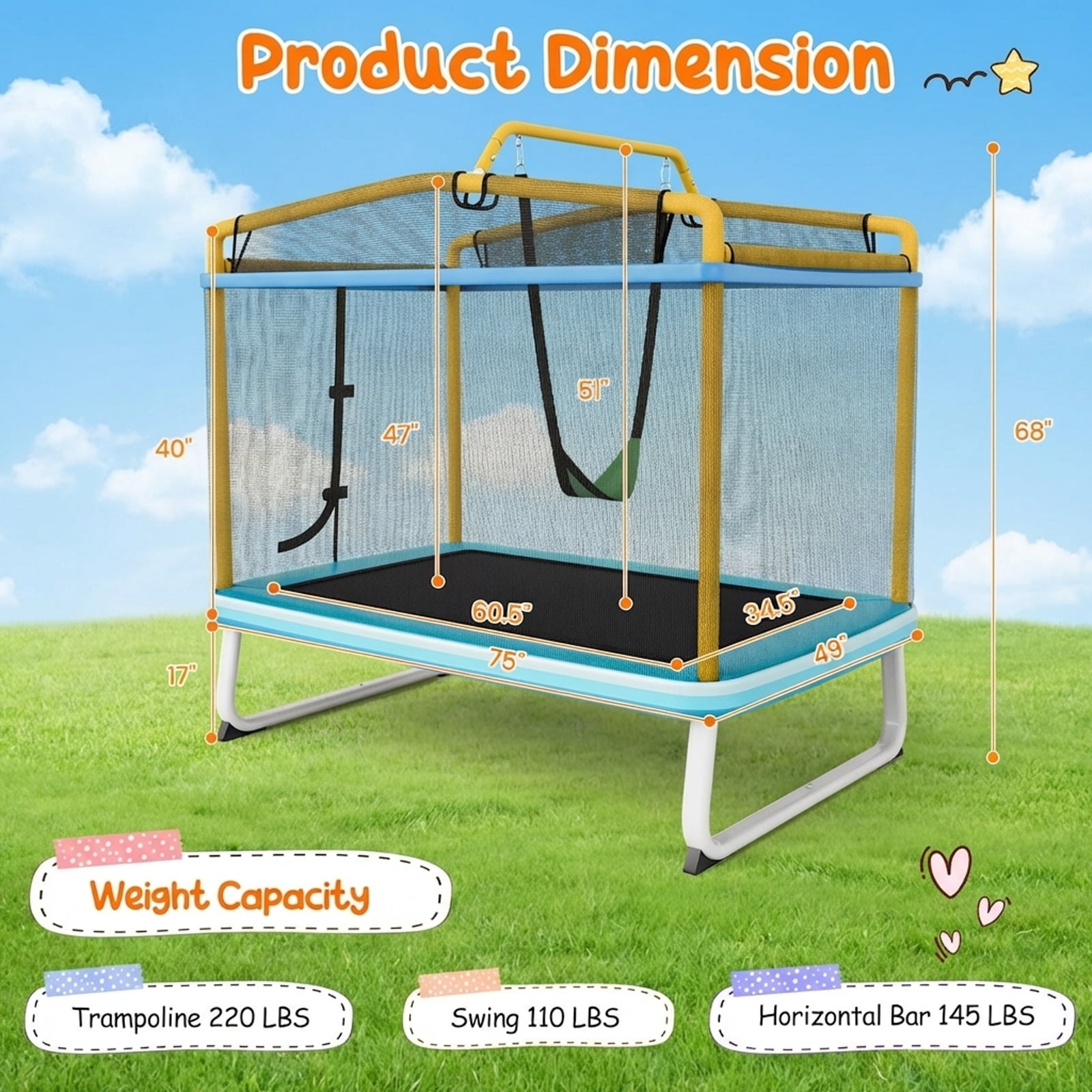 Redsmile 6 Feet Rectangle Trampoline with Swing Horizontal Bar and Safety Net-Yellow - Premium PE Safety Enclosure for Kids Outdoor Play