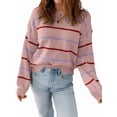 thumbnail image 1 of Suéter de Mujer con Borde Acanalado A Rayas, Larga, Cuello Redondo, Hombros Caídos, Suéteres de Otoño Rosa S, 1 of 6