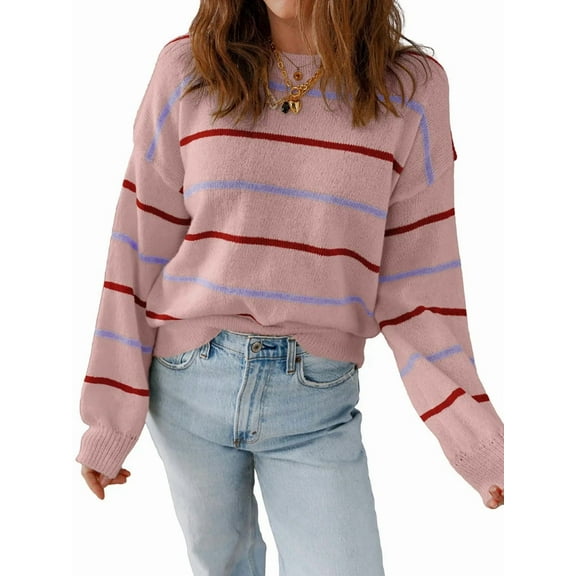 Womens Striped Ribbed Edge Sweater Long Sleeve Crewneck Drop Shoulder Fall Sweaters Top Pink S