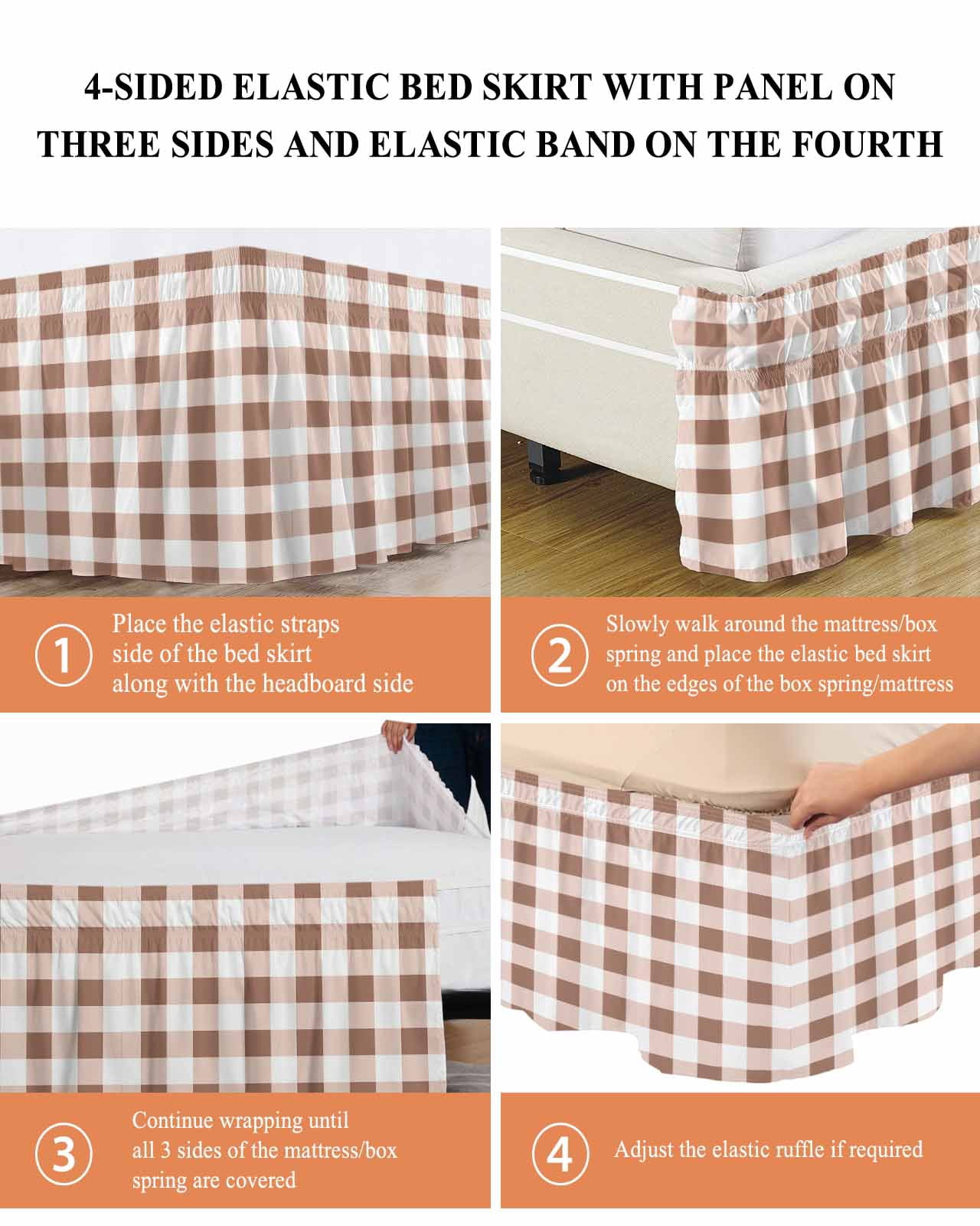 Brown Checkered Wrap Around Bed Skirts for Queen Bed 18" Drop, Bed Skirt with Adjustable Elastic Belt Dust Ruffle Bed Valance for Bedroom Hotel Luxury Farmhouse Buffalo Plaid Bed Frame Cover