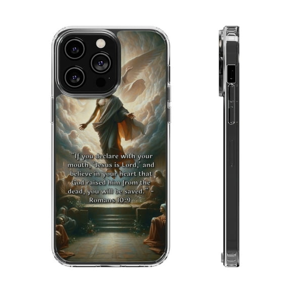 DistinctInk Hybrid (Acrylic / TPU) Clear Slim Fit Case for Apple iPhone 12 Pro (6.1" Screen) - "Salvation Promise: Romans 10:9 – 'Jesus is Lord'"
