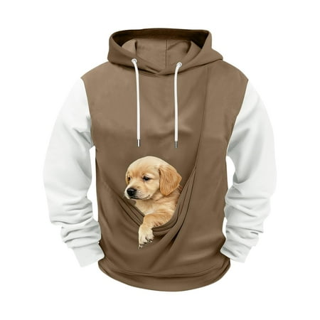 JHHLSF Men s Pet Carrier Hoodies Cat Dog Pouch Holder Sweatshirt Shirt Top Larger Kangaroo Pocket Warm Long Sleeve Hooded Pullover Brown L