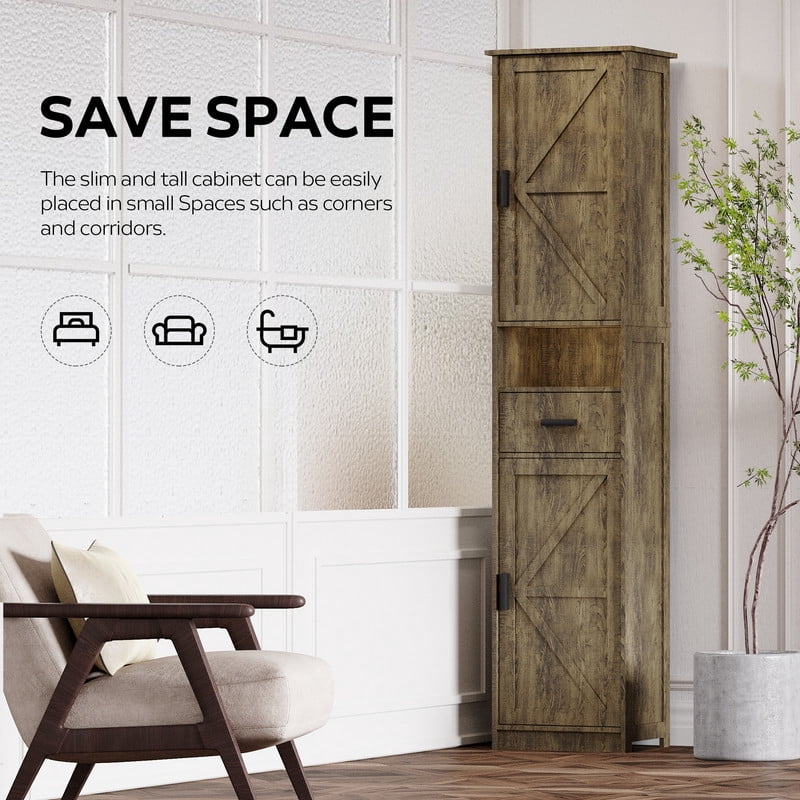69"H Bathroom Storage Cabinet,Narrow Floor Cabinet with 2 Barn Doors, 1 Drawer & Adjustable Shelves