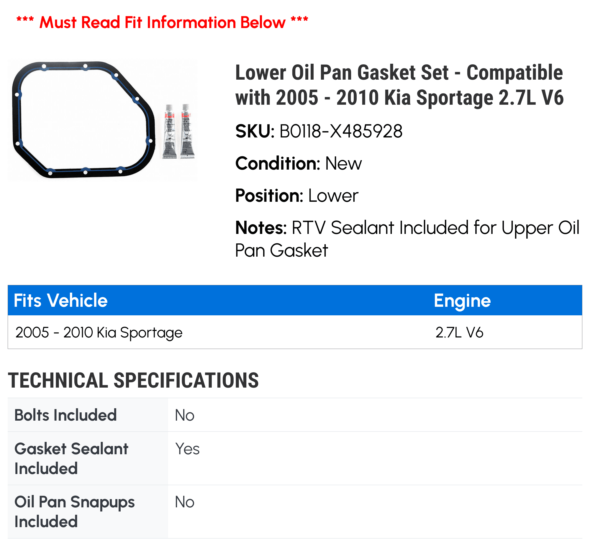 Lower Oil Pan Gasket Set - Compatible with 2005 - 2010 Kia Sportage 2.7L V6 2006 2007 2008 2009