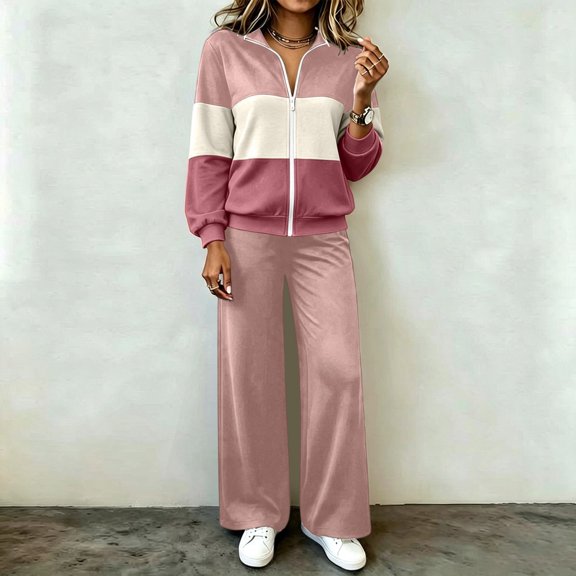 Womens 2 Piece Sports Set Color Blocked Full Zipper Stand Collar Jacket Wide Leg Comfy Pants Fashion Casual Suits Pink 01 M