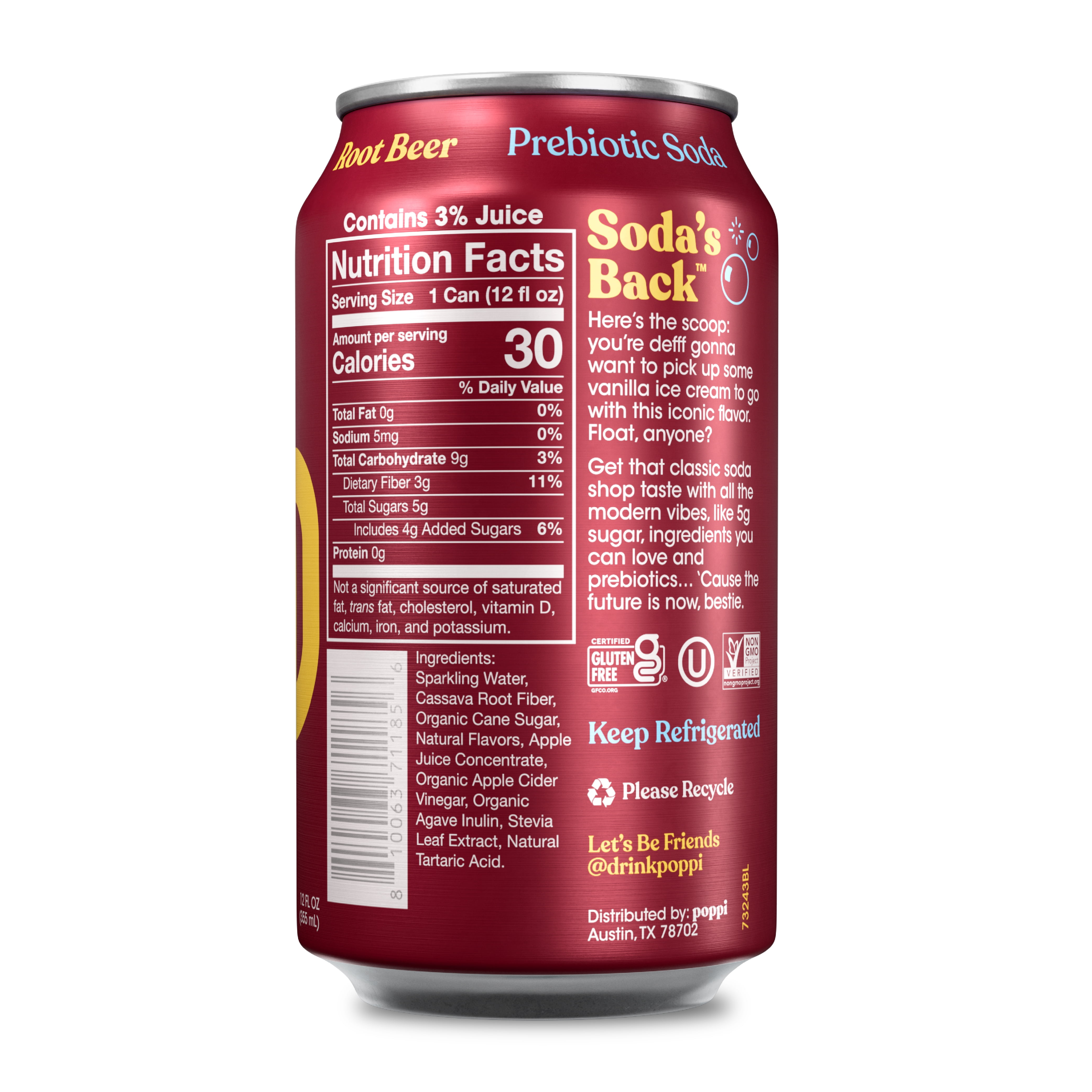 Poppi Root Beer Prebiotic Soda, 12 oz, 12 Pack Cans