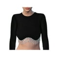 thumbnail image 2 of Arvbitana Women Contrast Color Rhinestone Fringe Trim Pullover Long Sleeve Round Neck Ribbed Crop Tops Spring Fall Casual Slim Fit Expose Navel Blouses Lightweight Shirt, 2 of 9