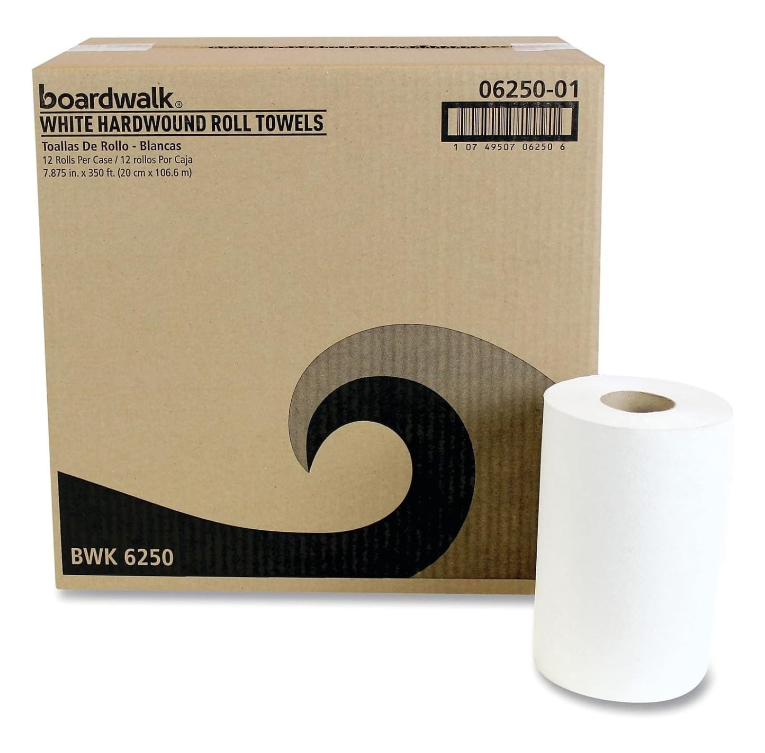 BWK6250 Paper Towels - 8in x 350ft, 1-Ply Hardwound Roll, White (12/Carton) - Washroom Hand Drying, Non-Perforated Towels for Commercial & Home Use