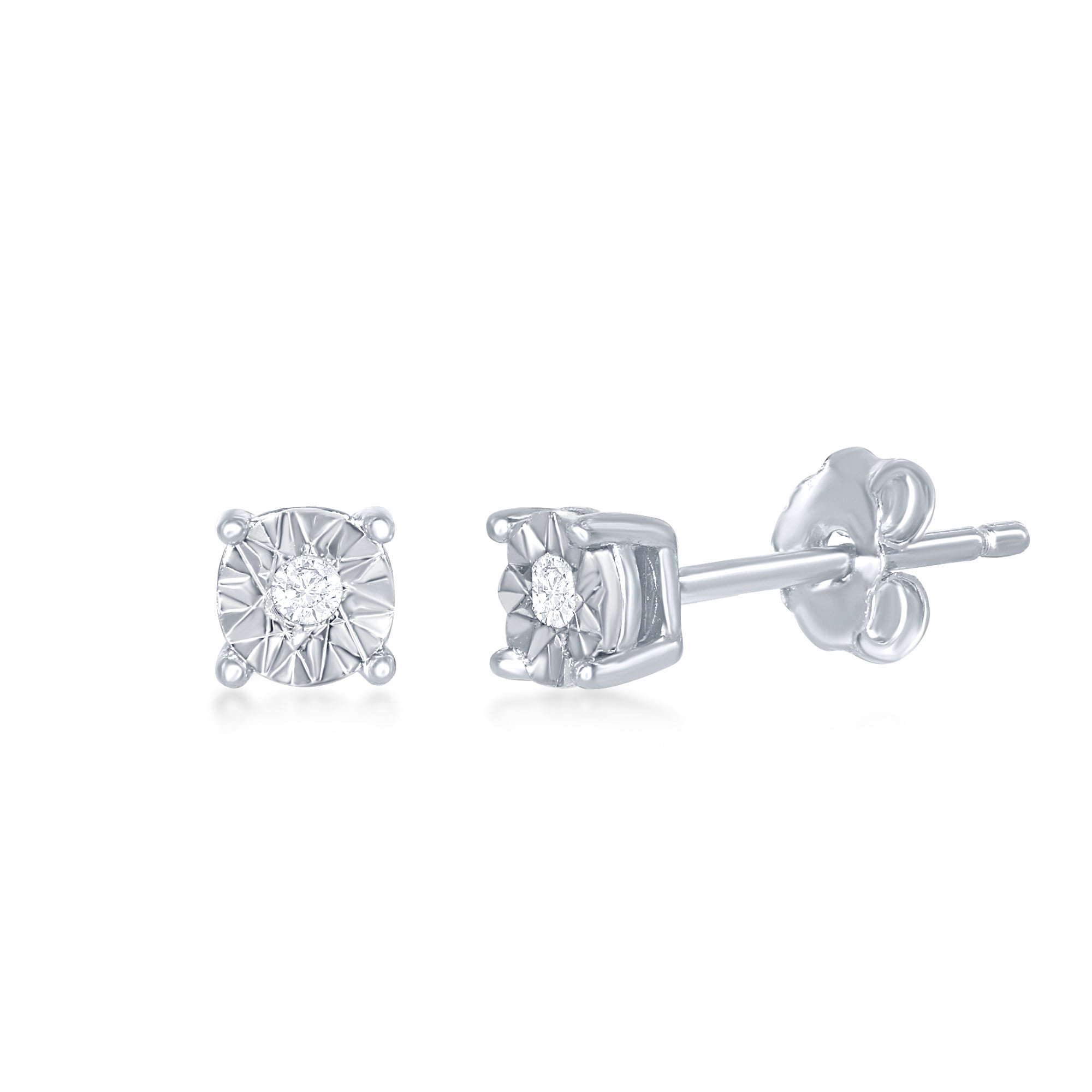 Sterling Silver 4MM with Center Genuine 0.01tcw Diamond Accent Stud Earrings