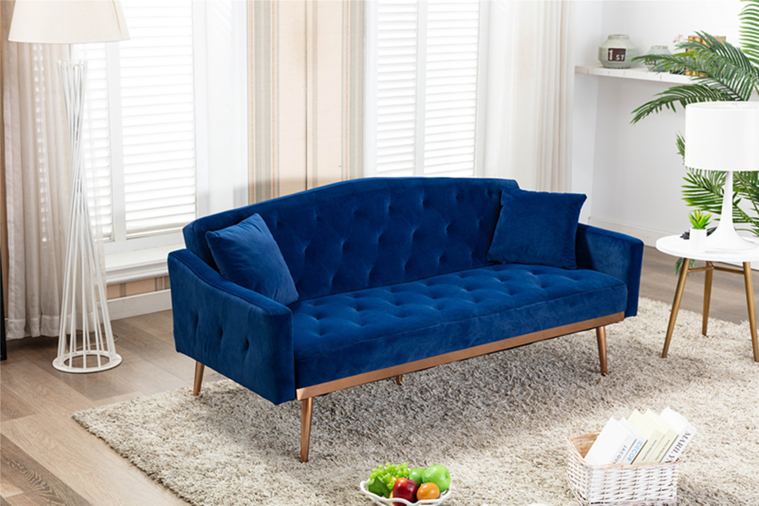 Convertible Velvet Loveseat Sofa Bed with 2 Pillows, Tufted Upholstered Sofa Sleeper Couch with