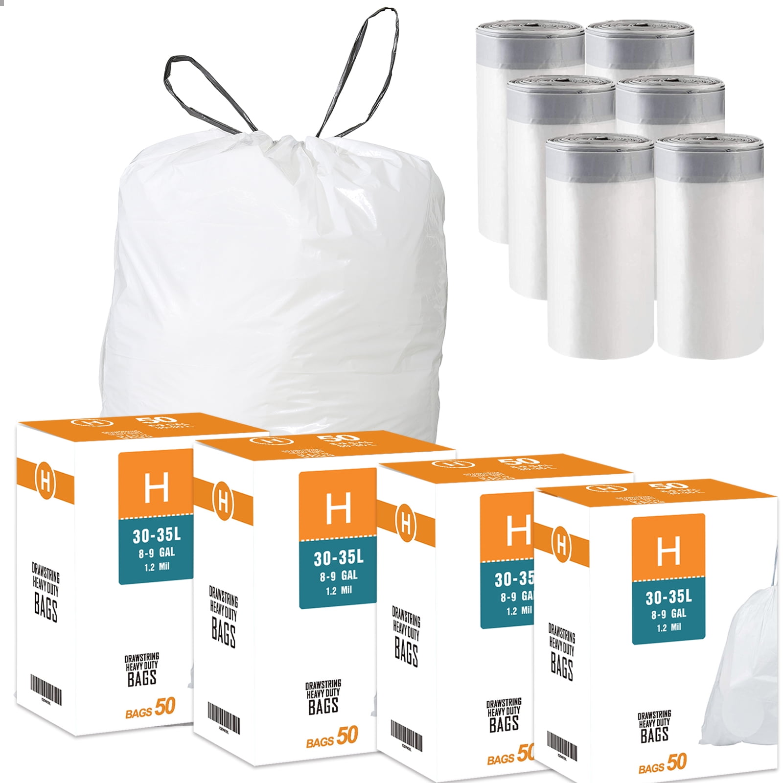 4 Packs(200 Count) Code H 8-9 Gallon Heavy Duty Drawstring Plastic Trash Bags Compatible with Code H | 1.2 Mil | White | 8-9 Gallon/30-35 Liter, Size