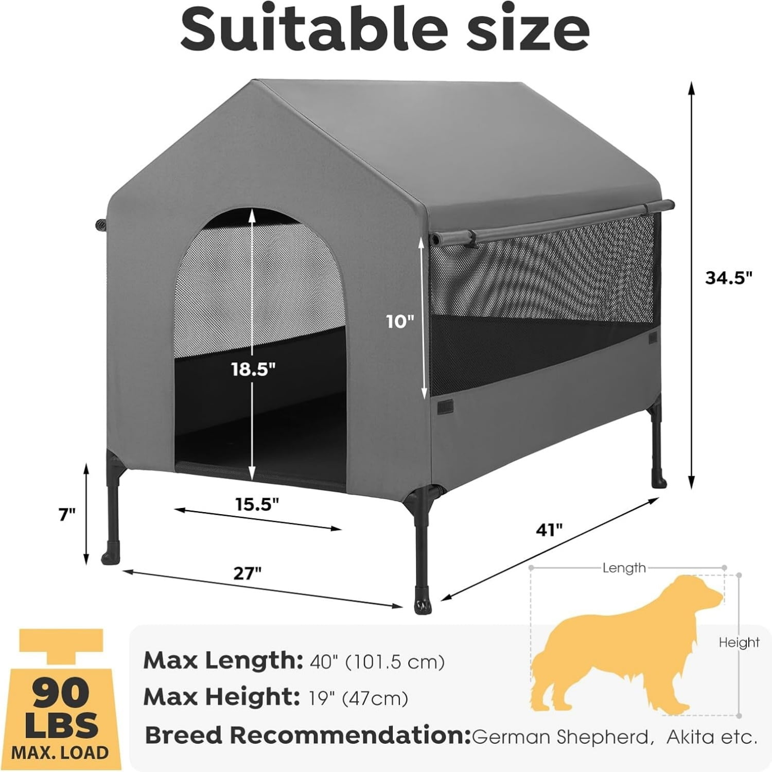 Large 2-in-1 Outdoor Elevated Dog House With Breathable Mesh Windows And Canopy