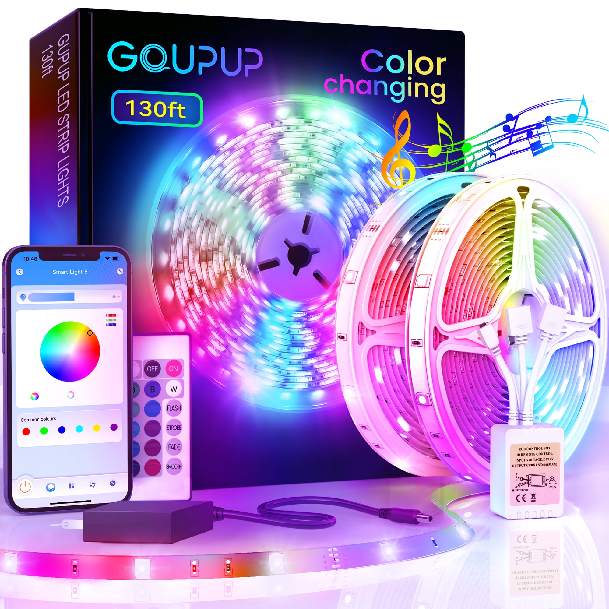 GUPUP 130ft LED Strip Lights(2 Rolls of 65.6ft), Music Sync LED Lights with Smart APP and 24 Key Remote Control,RGB Color Changing Lights for Indoor DIY