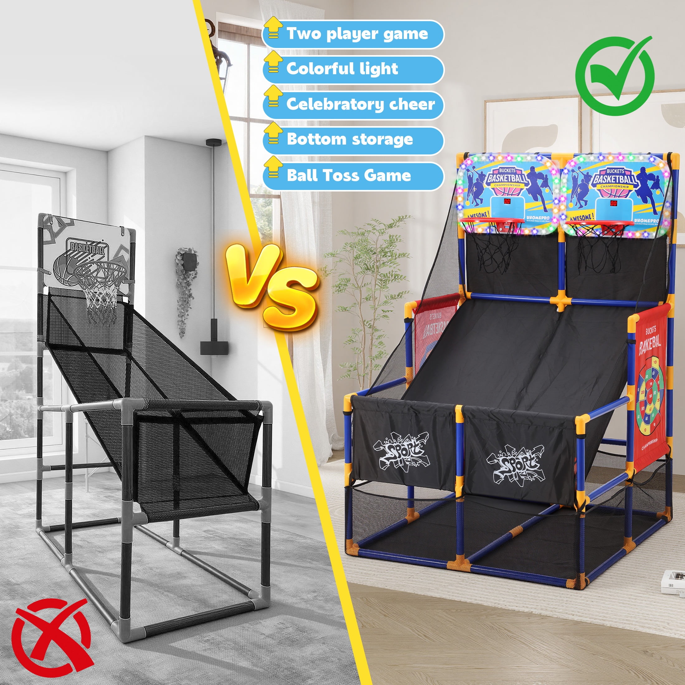 COCLUB 2in1 Basketball Arcade Game Set with Electronic Scoreboard& Lights, Indoor Basketball Hoop for Kids Toddlers 3-6