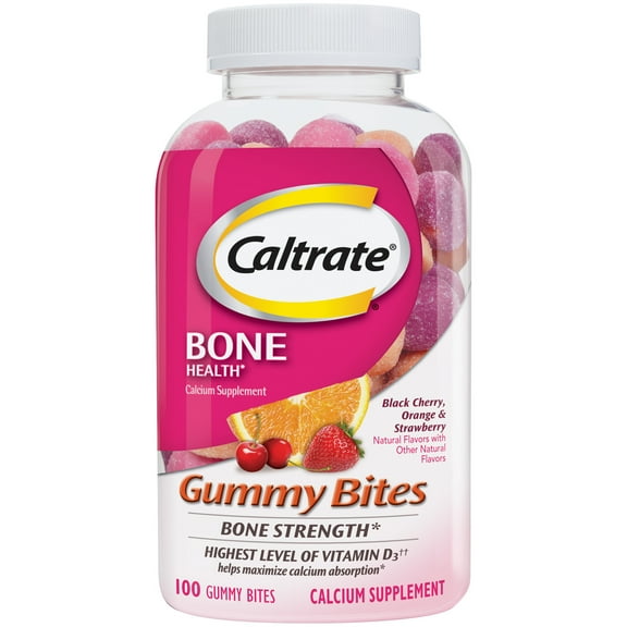 Caltrate Gummy Bites 100 ct, Calcium and Vitamin D3 Supplement, 500 mg , Black Cherry, Strawberry, Orange Flavors,
