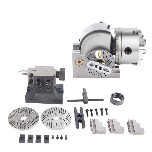 Cabezal divisor BS‑0, mandril de 5 y 3 mordazas, contrapunto, placa divisoria, fresadora CNC