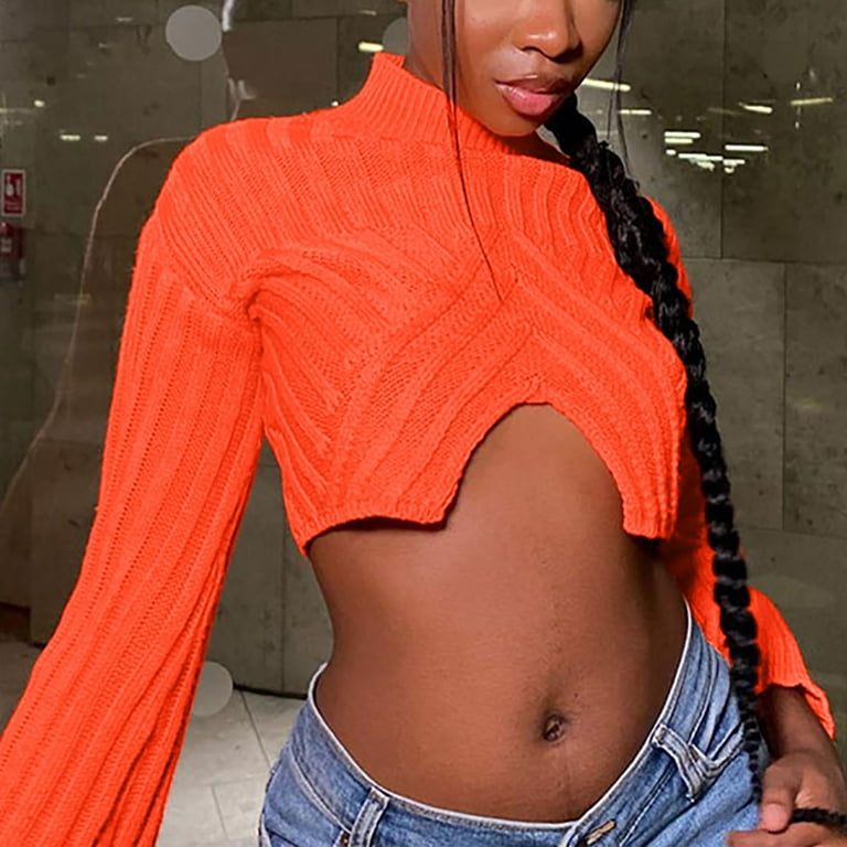 VSSSJ Women s Turtleneck Knitted Cropped Irregular Sweater Flare Long Sleeve Slim Fit Solid Color Crop Sexy Trendy Y2K Sweater Orange S