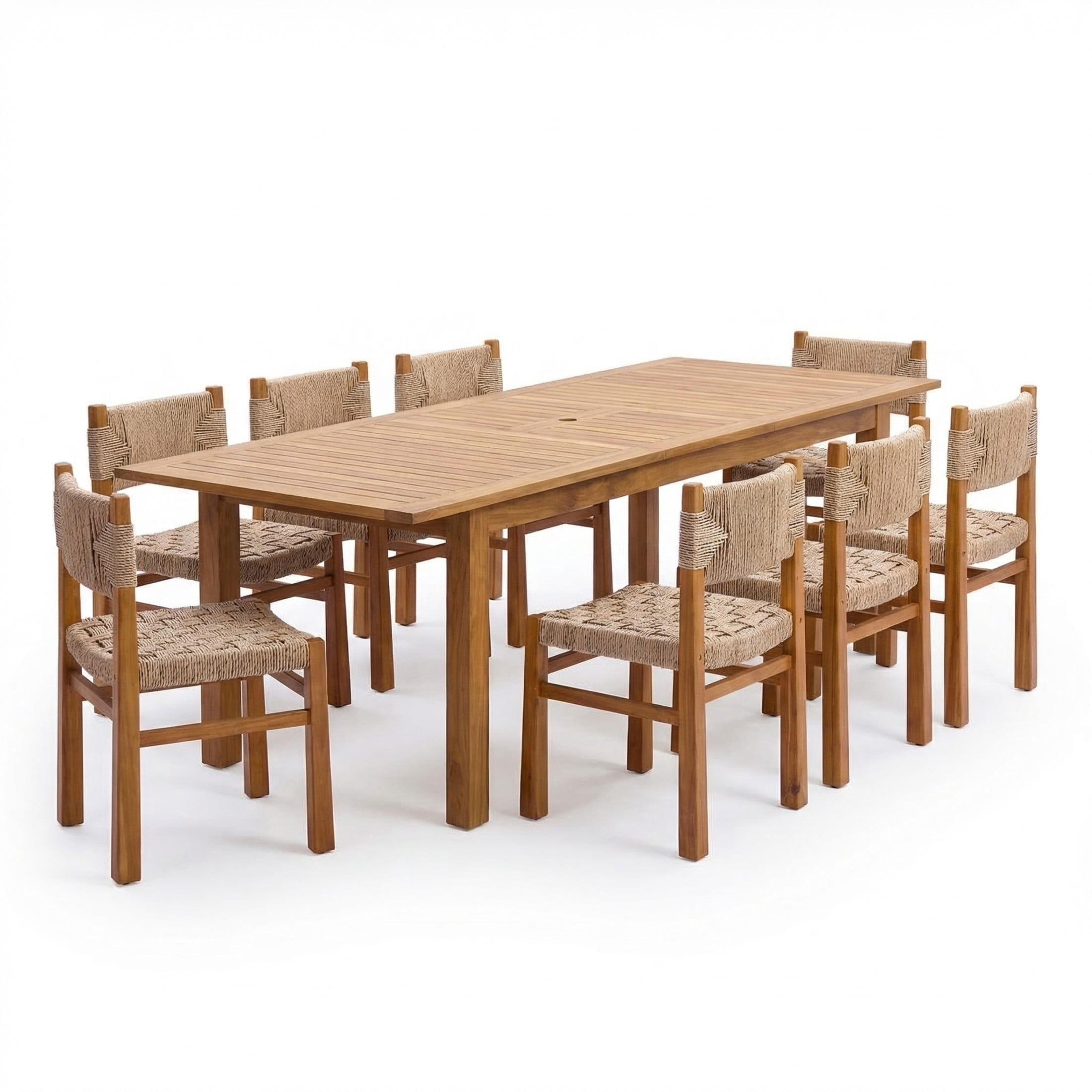 Christopher Knight Home 9-Piece Outdoor Wood Dining Set, Natural Expandable Table and Light Brown Wicker Chairs