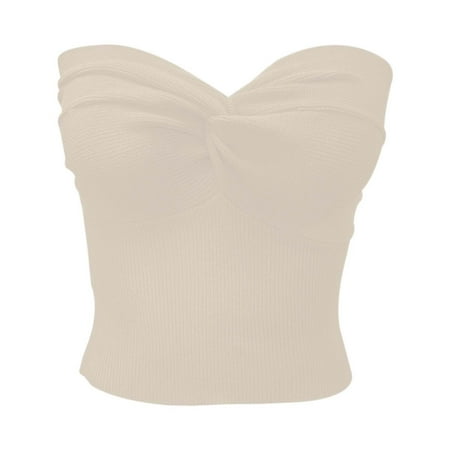 OJSFQUFP Womans Tops Beige Elegant Strapless Solid Color Knit Top for Women Stretchable Tube Bandeau Bra Crop Tops for Casual Or Party Wear M