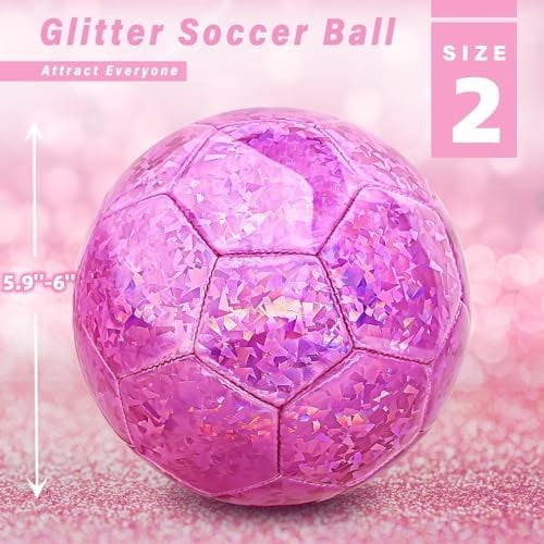 Size 2 Soccer Ball Glitter Pink, Soccer Balls for Toddlers Little Kids Outdoors Recreation Sparkly Small Ball for Girls Birthday Christmas Easter Gifts