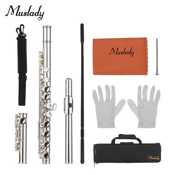 Muslady 16 Holes Closed Hole Flute C Key Flutes Cupronickel Woodwind Instrument with Cleaning Cloth Rod Gloves Screwdriver