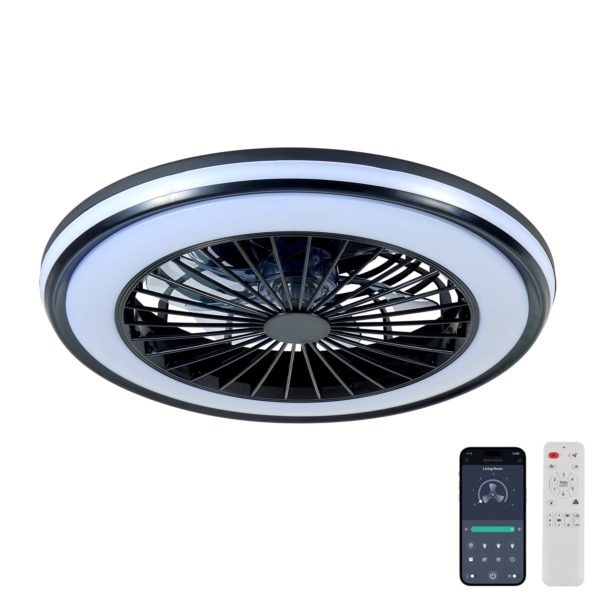 Miniyam 20" LED RGB Ceiling Fan Lights and Remote Control, 6 Speed, Dimmable Fandelier for Bedroom, 3000/4500/6000K, Black