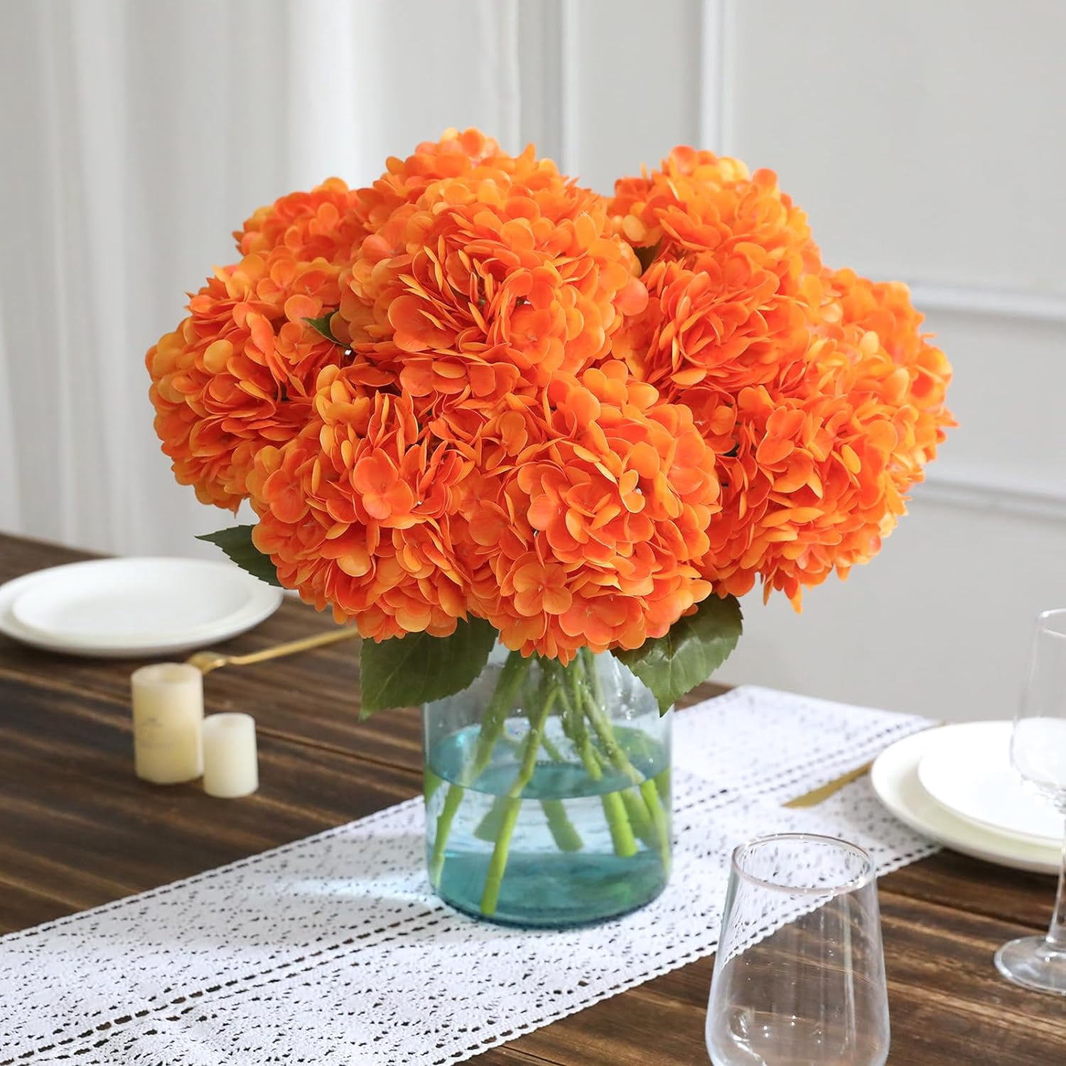Orange Hydrangea Artificial Flowers Silk Flowers Fake Hydrangeas Real Touch Hydrangea Flowers for Wedding Party Office Home Decor (Orange)