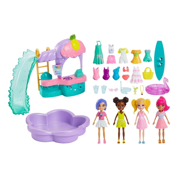 Polly Pocket Smoothie Splash Pack, Playset with 4 (3-inch) Dolls, Fashion & 20  Outdoor Accessories