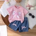 thumbnail image 2 of Baby Girl Outfits Summer Toddler Short Sleeve Bowknot Prints T Shirt Tops Denim Shorts Outfits Girls Clothes Pink, 2 of 7
