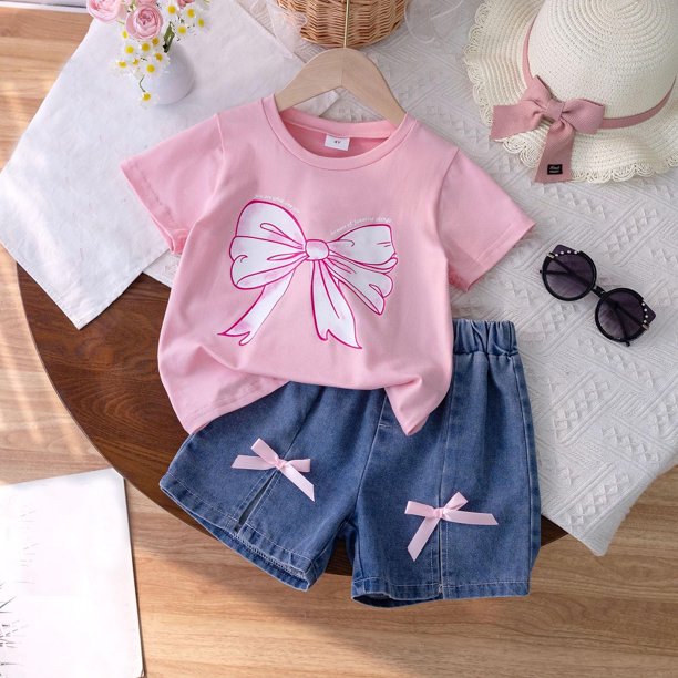 WILLBEST Pantalones Mujer Conjuntos de Verano para Niñas, Camiseta Con Estampado de Lazo, Pantalones Cortos Vaqueros, Ropa de Juego Informal para Niños de 2 a 7 Años 5-6 Years