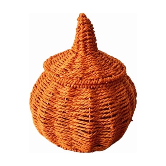 YIKA Woven Pumpkin Storage Basket With Lid, Halloween Decoration Handmade Rope Pumpkin Container, Fall Harvest Thanksgiving Tabletop Decorative Organizer Jar for Home Mantel Counter Display