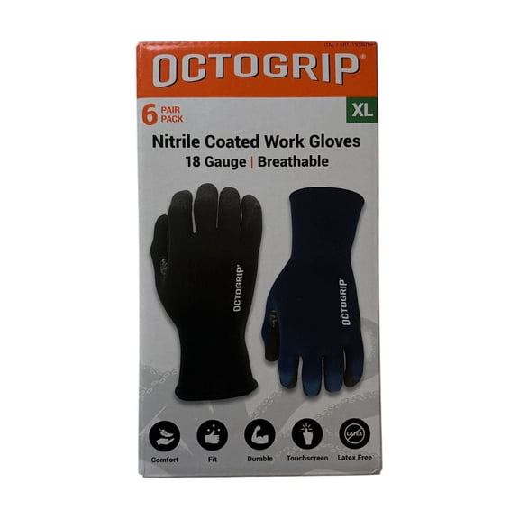 Octogrip Nitrile Coated Work Gloves, 6 Pairs, X-Large