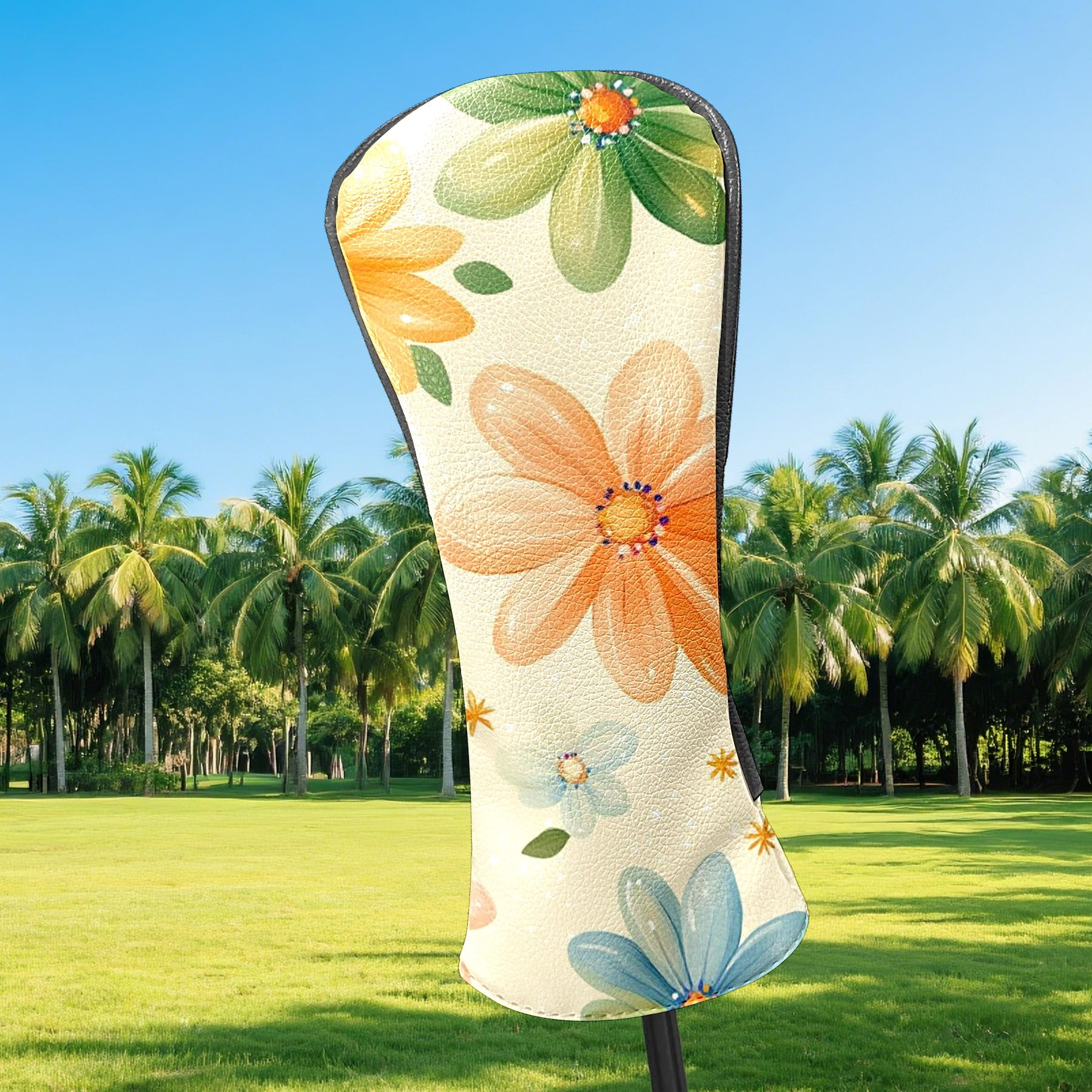 Golf Head Covers Pastel Flowers Design for Driver, Wood & Hybrid, Premium Waterproof PU Leather with Plush Lining, Soft Floral Golf Gifts