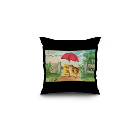 Loving Easter Greetings Scene of Baby Chicks with Umbrella (16x16 Spun Polyester Pillow, Black