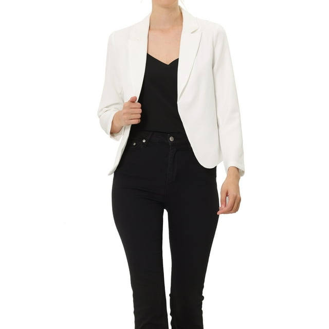 INSPIRE CHIC Blazer pour Femme à devant Ouvert Veste de Tailleur Courte d'Été pour le Travail TP Blanc-Uni