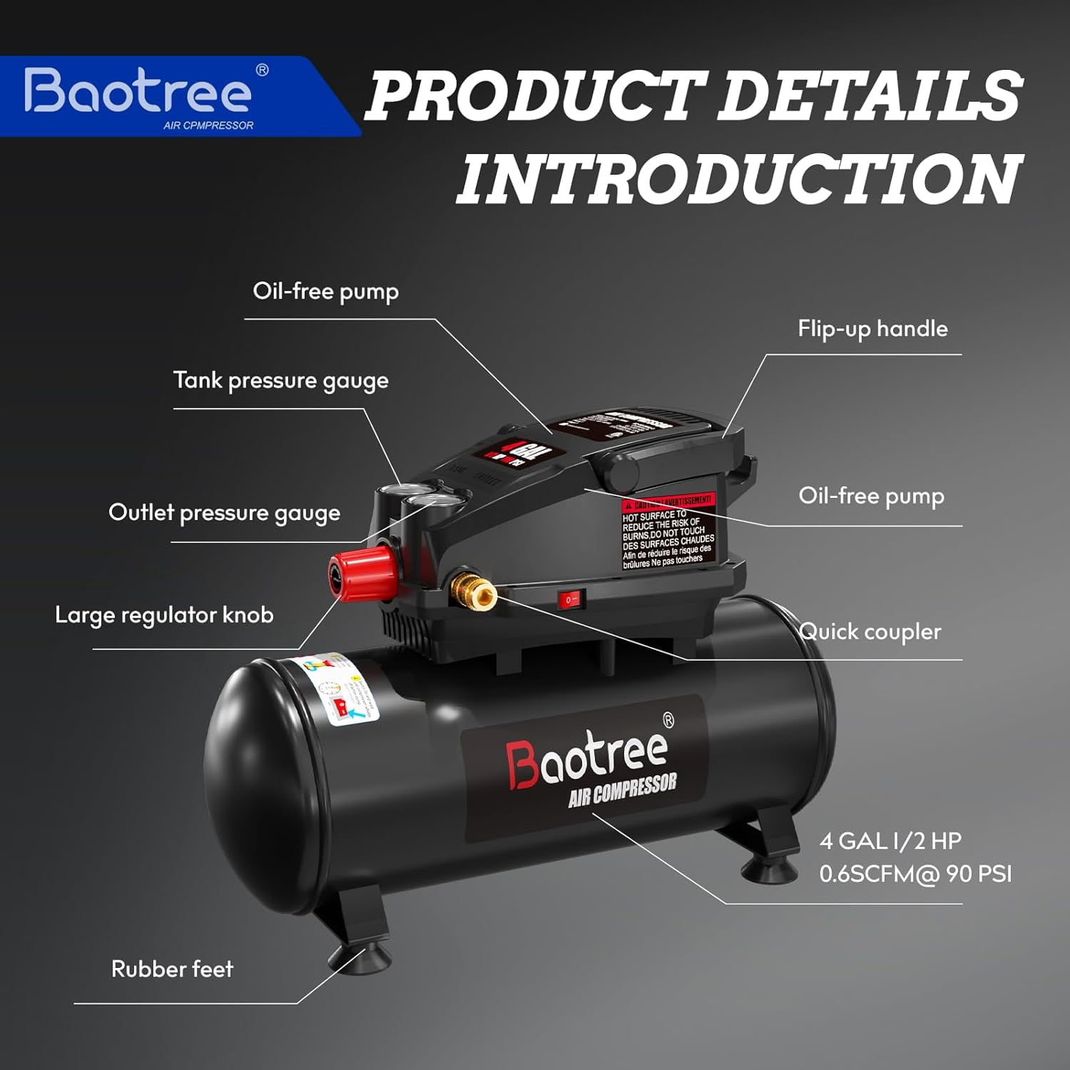 4Gallon Portable Air compressor, 0.5HP Motor Oil Free Air Compressor Tank, Max 110PSI Garage Air Compressor for Car Repair