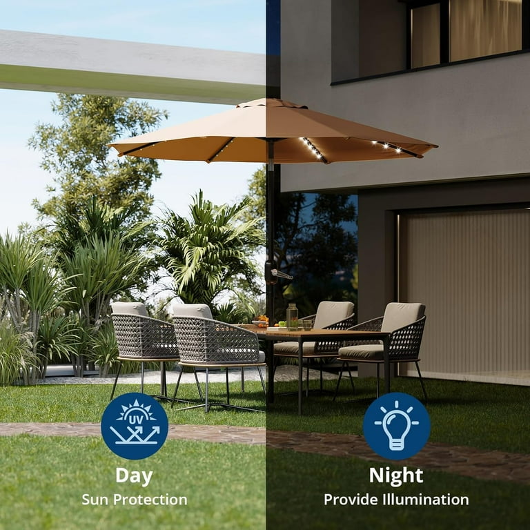 10FT Patio Umbrella with Solar Lights, Outdoor Market Table Umbrella, 40  LED, Alloy Steel Frame, 8 Ribs, Tilt Crank, UV Resistant, Waterproof,  Garden, ...