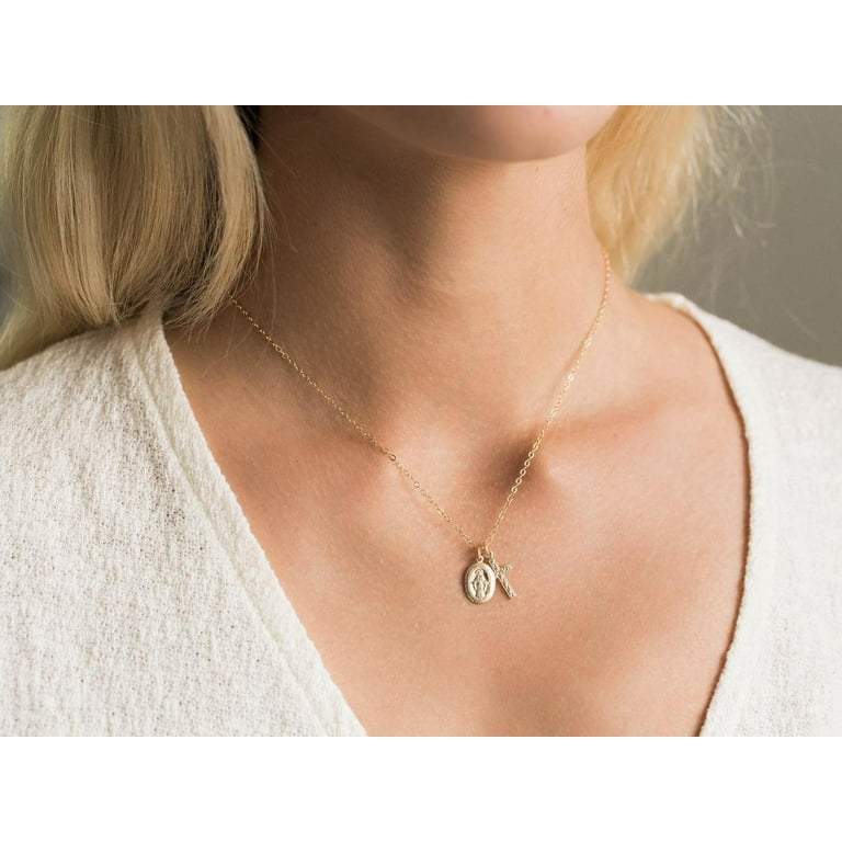 AllenCOCO 14K Gold Plated Virgin Mary Necklace Gold Cross Medal