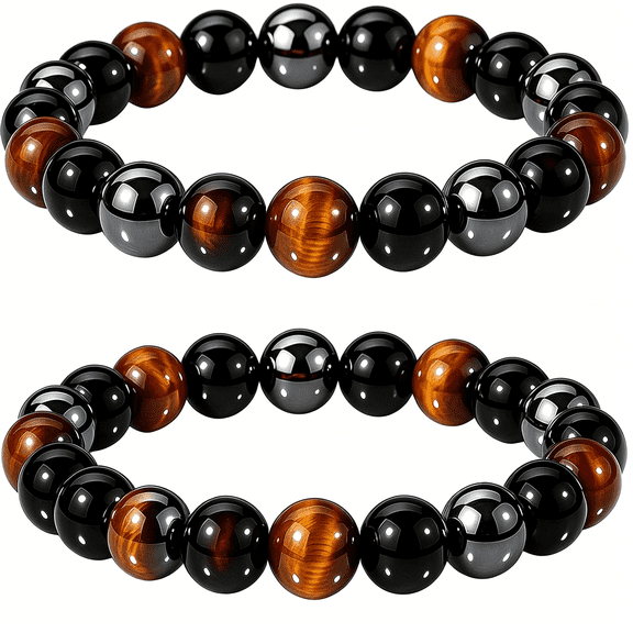 DESIGNICE Black Obsidian Hematite Triple Protection Bracelets Set-Tiger Eye Beaded Natural Stone Bracelet for Men Women Gemstone (10Mm)