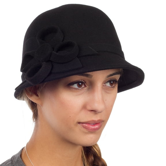 Womens Bernadette Vintage Style 100% Wool Cloche Bucket Winter Hat with Flower Accent - Black - One Size