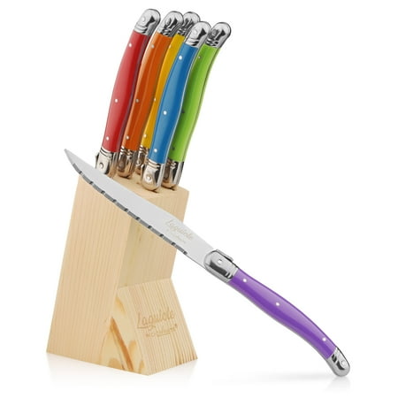 Metrokane 6 Piece - Chopmate - Laguiole Style - Stainless Steel Premium Steak Knife Set - Vibrant Multi Color Edition - 6 Piece Set + Bonus Wood Storage Display Block