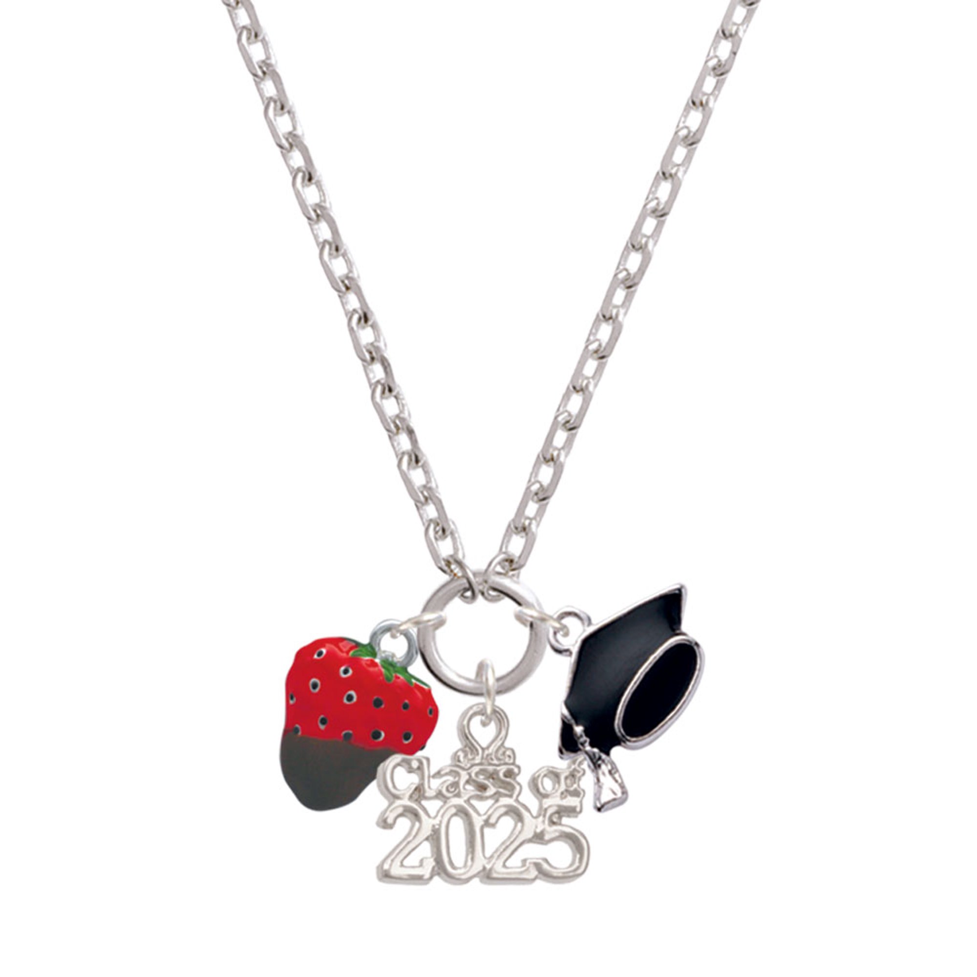 Delight Jewelry Silver-tone 3-D Chocolate Dipped Strawberry - Silver-tone Class of 2025 Graduation Zoey Necklace, 28"