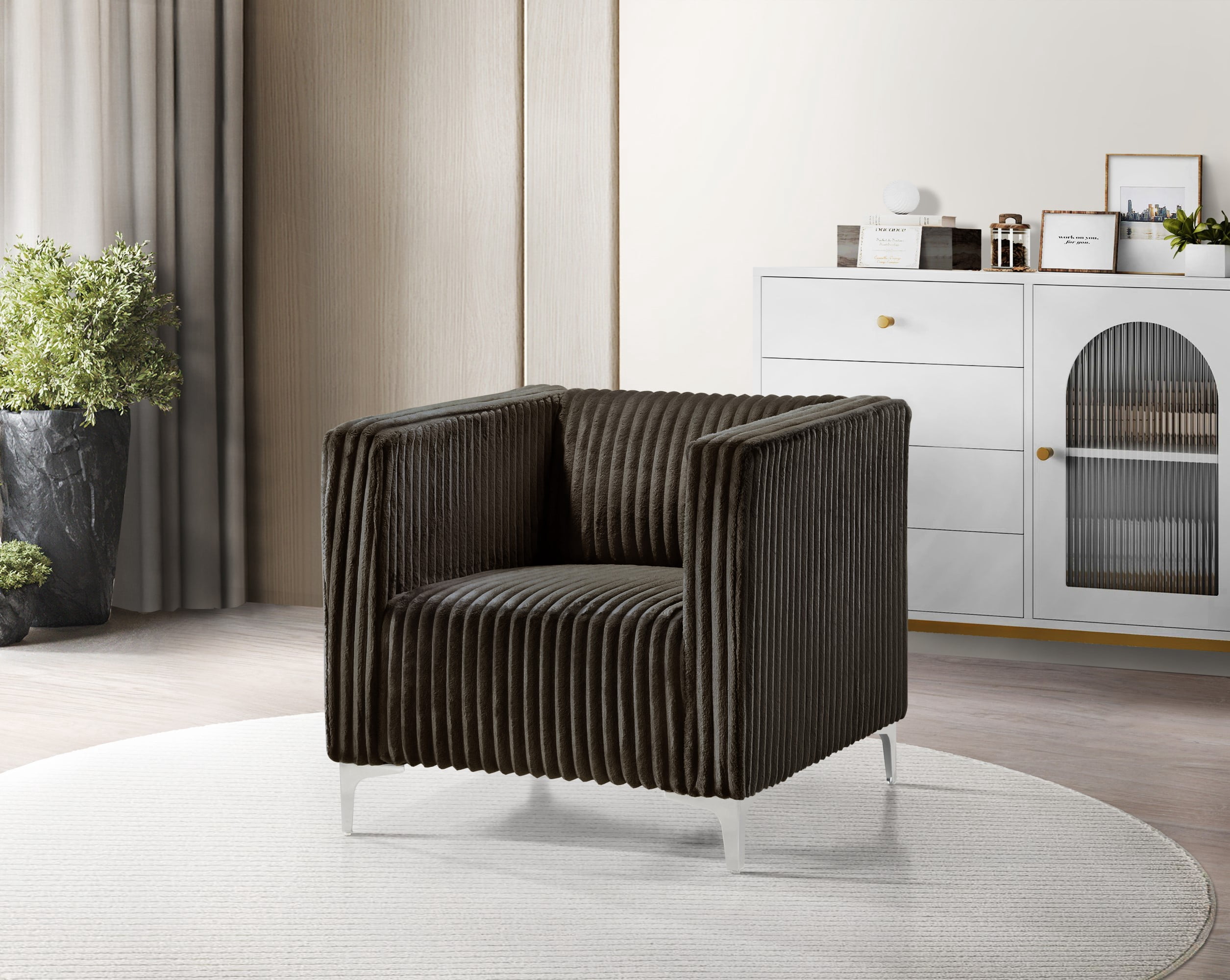 Home Design Gavin Velvet Square Arm Chair with Plush Cushions and Modern Upholstery, Durable Frame for Living Room, Contemporary Brown Design