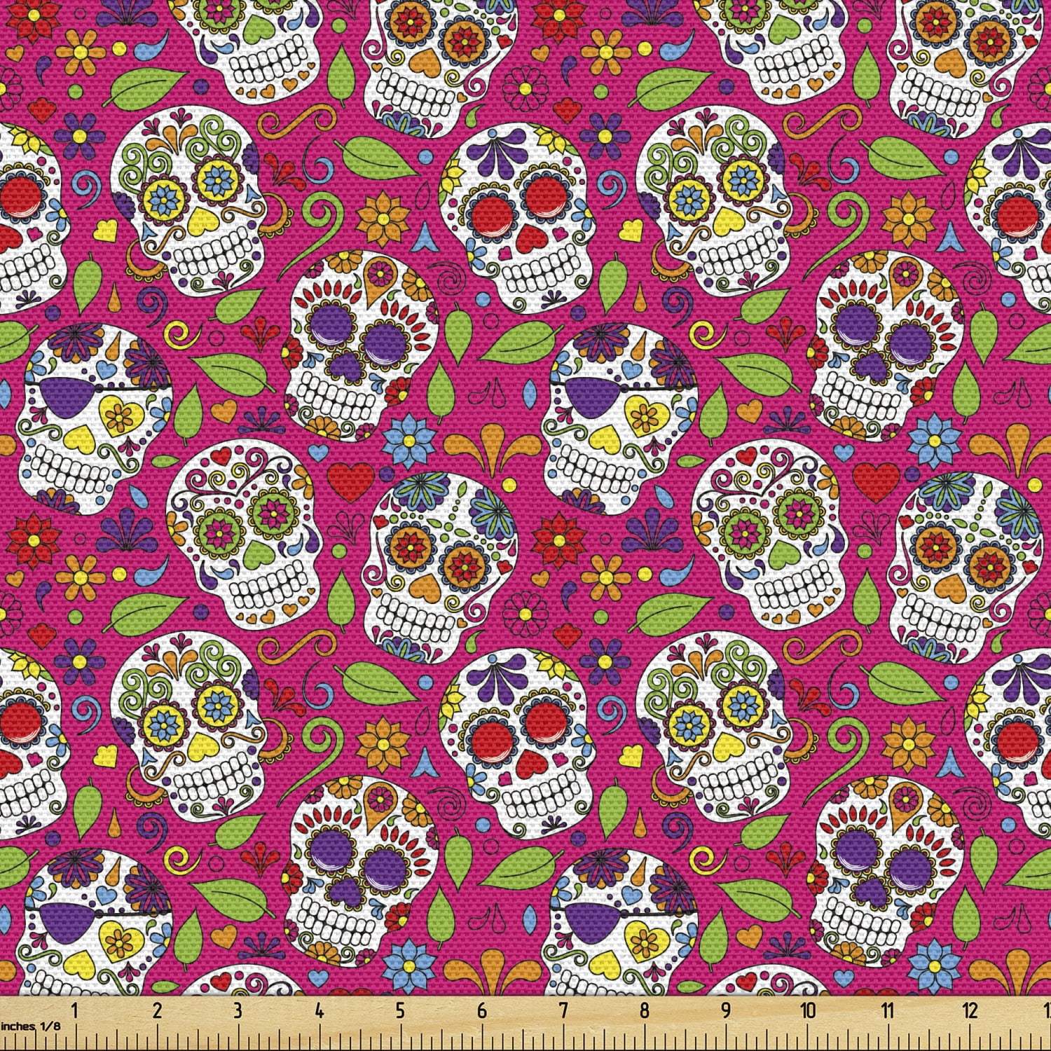 Sugar Skull Fabric by the Yard Upholstery, Colorful Skulls Leaves