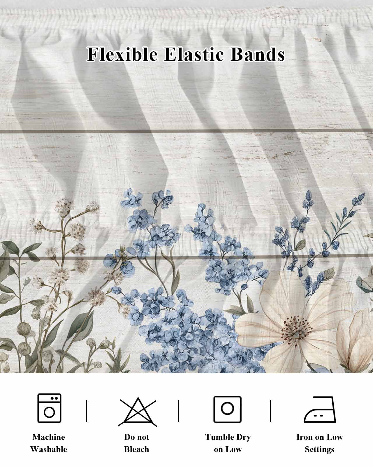 Blue Floral Spring Wrap Around Bed Skirts for Queen Bed 16" Drop,Bed Skirt with Adjustable Elastic Belt Dust Ruffle Bed Valance for Bedroom Hotel Summer Botanical Flower Vintage Bed Frame Cover