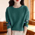 thumbnail image 6 of Women's Crochet Cuff Sweater, Long Sleeve Crewneck Pullover with Embroidered Wrist Detail, Boho Chic Knit Top, Artisan Style Crochet Accent Blouse for Women Blackish Green L, 6 of 10