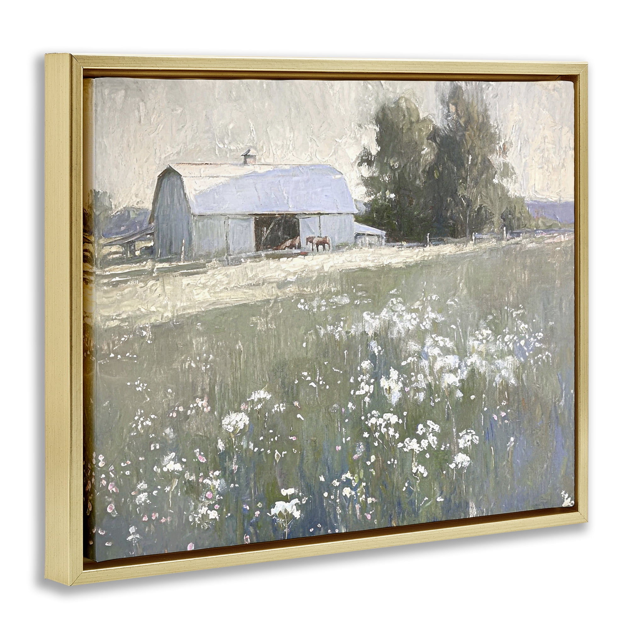 Stupell Industries Peaceful Farm Pasture Landscape Painting Gold Floater Framed Canvas Art Print Wall Art, 31 x 25
